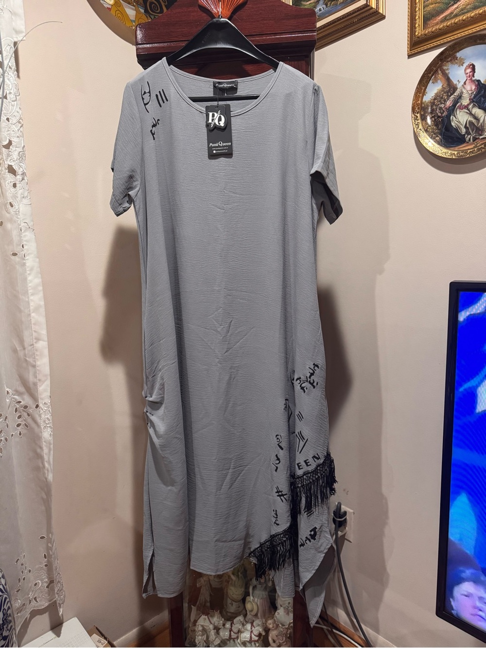 Gray Short-Sleeve Maxi Dress with Fringe Detail